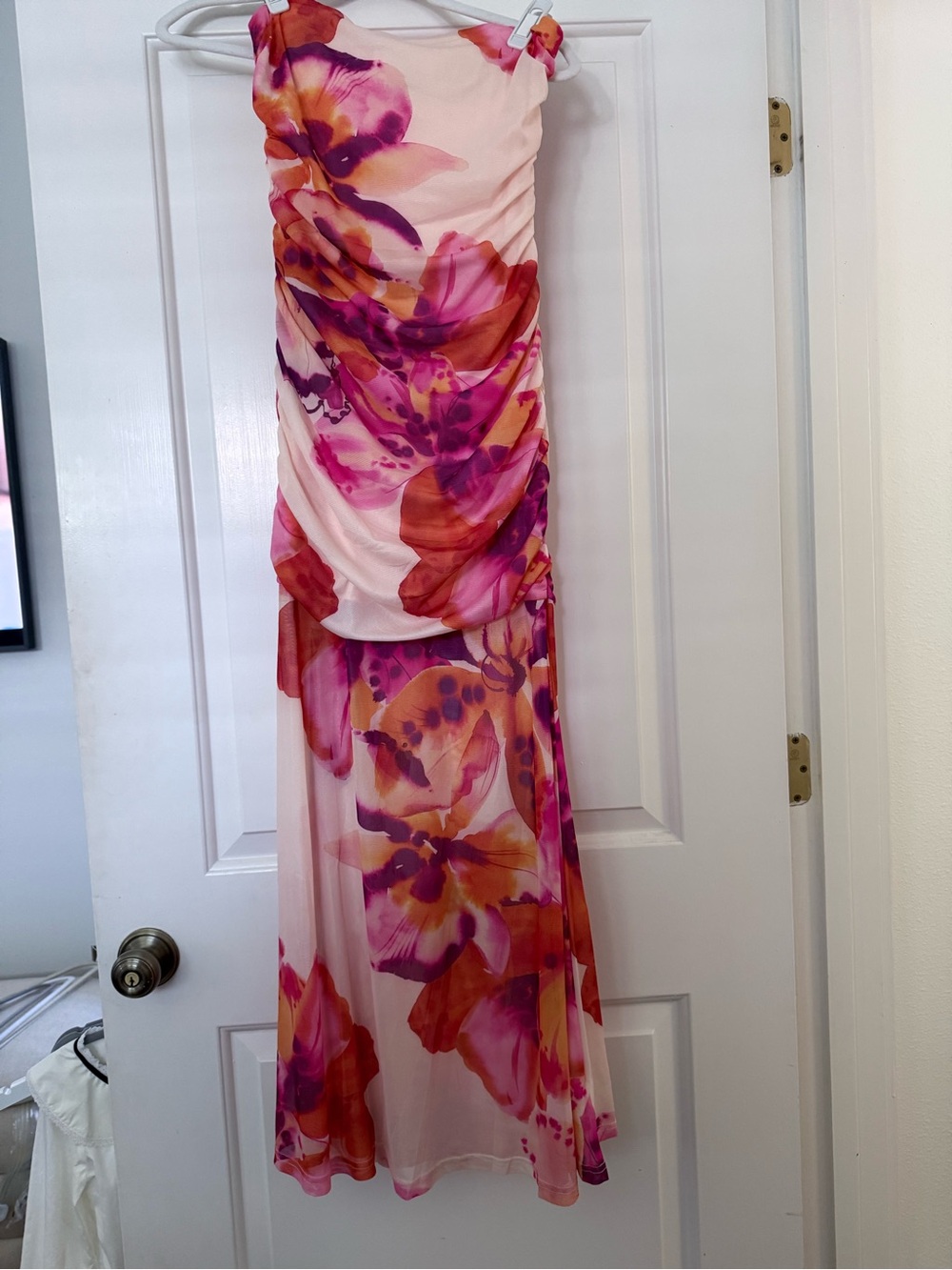 Sleeveless Floral Pink & Orange Ruched Maxi Dress
